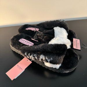 Juicy Couture Black/White Fuzzy Sandals Slippers Shoes Size 8 - NWT